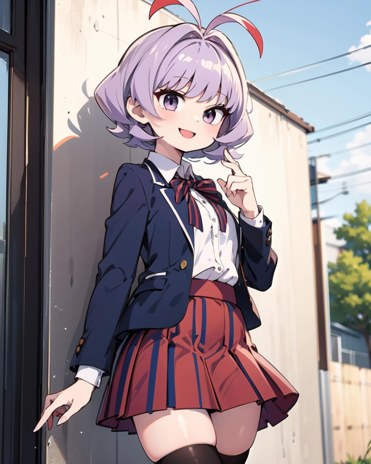 1girl,Najimi,Najimi_KCC,osana najimi \(komi-san wa komyushou desu\),short purple hair,school uniform,ahoge, antenna hair,red and dark blue skirt,(vertical-striped skirt:1.4), itan private high school uniform ,skirt,jacket,happy,smile,thighhighs, skindentation,
<lora:HerrscherAGGA2023_Najimi_V1:0.8>