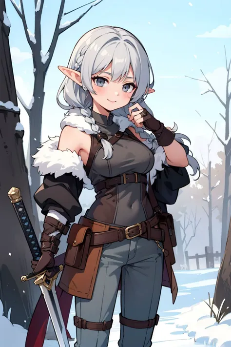 (Masterpiece:1.3), (best quality:1.2), (intricate details:1.1), (detailed background:1.2), 1girl, solo, grey eyes, elf, long hair, silver hair, frizzy hair, hair ribbon, (long braid:1.3), (medium breasts:1.2), confident smile, warrior, fur lining, tanned leather clothing, fur lined pants, rugged clothing, outdoors, winter wilderness, sheathed sword, pouches,