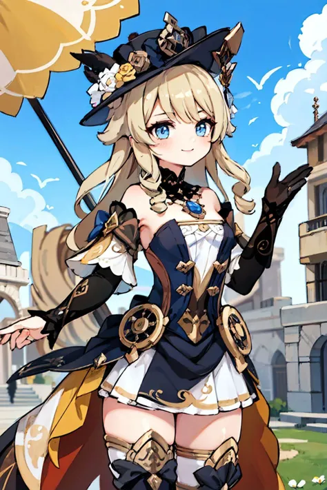 (Masterpiece:1.3), (best quality:1.2), 1girl, (navia \(genshin impact\):1.3), blonde, fancy hat, thigh boots, detached sleeves, single glove, strapless dress, detached collar, showgirl skirt, necklace, waist cape, outdoors, parasol, <lora:Navia-v2.0_okingjo:0.7>, smile, hand in hair,