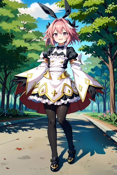 astsaber3, low twintails, pink hair, long sleeves, puffy sleeves, gloves, dress, pantyhose, black footwear, cute smile, outdoors, trees, dark background, Masterpiece, best quality, detailed background, intricate details, detailed, <lora:AstolfoFate_jasterton:0.8> <lora:detail_slider_v4:1.25>