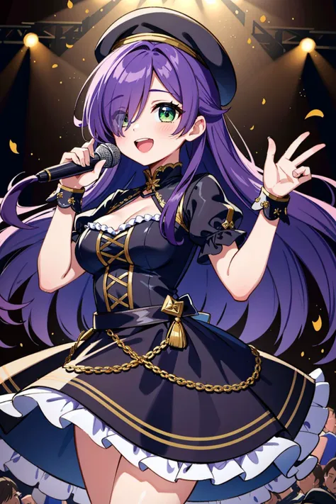 fantasy, 1girl, long dark purple hair, (straight hair:1.2), hair over one eye, green eyes, medium breasts, black beret, idol costume, cute dress, frills, singing, smile, on stage, spotlight, <lora:detail_slider_v4:1.25>, Masterpiece, best quality, detailed background, intricate details, (detailed:1.1)