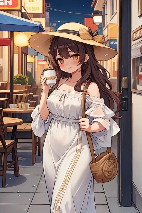 (masterpiece, best quality), female middle-aged, stacked, native american, golden eyes,   double chin,       , dark auburn mermaid waves hair, astonishment wearing maxi dress, g-string,  bucket hat,, wearing a hat, wearing a hat with a seductive look, adding a touch of mystery and allure, city lights, the glittering lights of a cityscape, providing a backdrop for urban romance, a cheerful café, with the aroma of freshly brewed coffee and friendly conversation