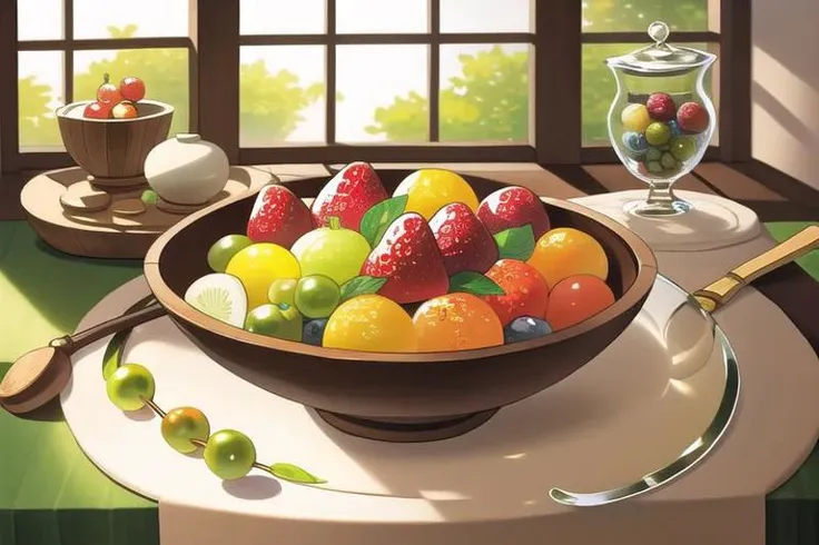 Wooden Bowl of various fruit on a glass table in a room full of mirrors and glass windows, reflections, Rembrandt lighting, dappled sunlight