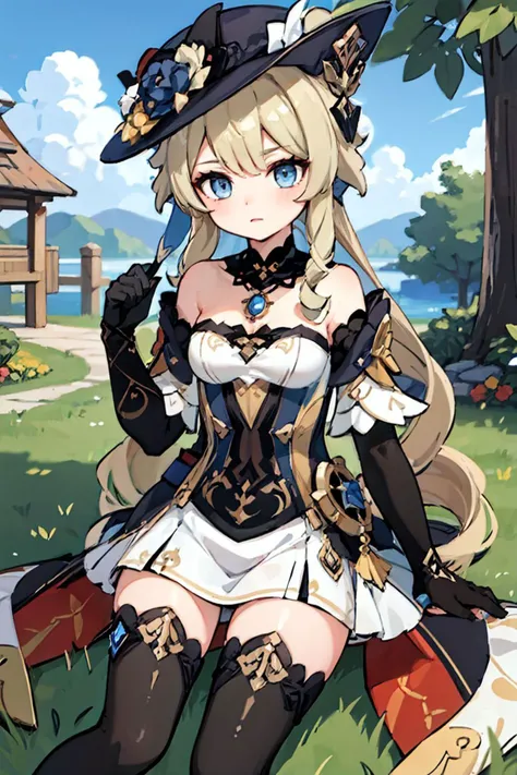 (Masterpiece:1.3), (best quality:1.2), 1girl, (navia \(genshin impact\):1.3), fancy hat, thigh boots, detached sleeves, single glove, strapless dress, detached collar, showgirl skirt, necklace, waist cape, outdoors, <lora:Navia-v2.0_okingjo:0.6>