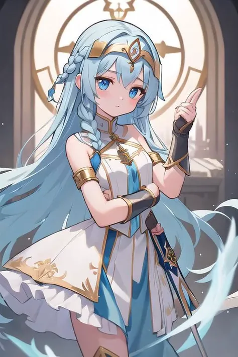 (high-quality, breathtaking),(expressive eyes, perfect face) 1girl, girl, solo, young ???, child, chibi, toddler, long blue hair, green coloured eyes, stylised hair, gentle smile, medium length hair, loose hair, side bangs, curley hair, really spiky hair, spiked up hair, pigtails, looking at viewer, portrait, ancient greek clothes, blue black and white tunic, white Chlamys, sleeveless, greek, blue and gold sash, ocean background, ribbon accessories in hair, slightly narrow eyes, baby face, baby body, small body, small head, 36½ inches tall, chibi art style