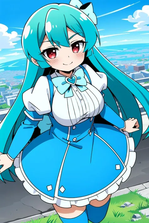 1girl, (magia-azul:1.6), green hair, hair bow, red eyes, blue dress, brooch, smile, closed mouth, flying, above city, <lora:magia-azul_Iselestia:0.6>