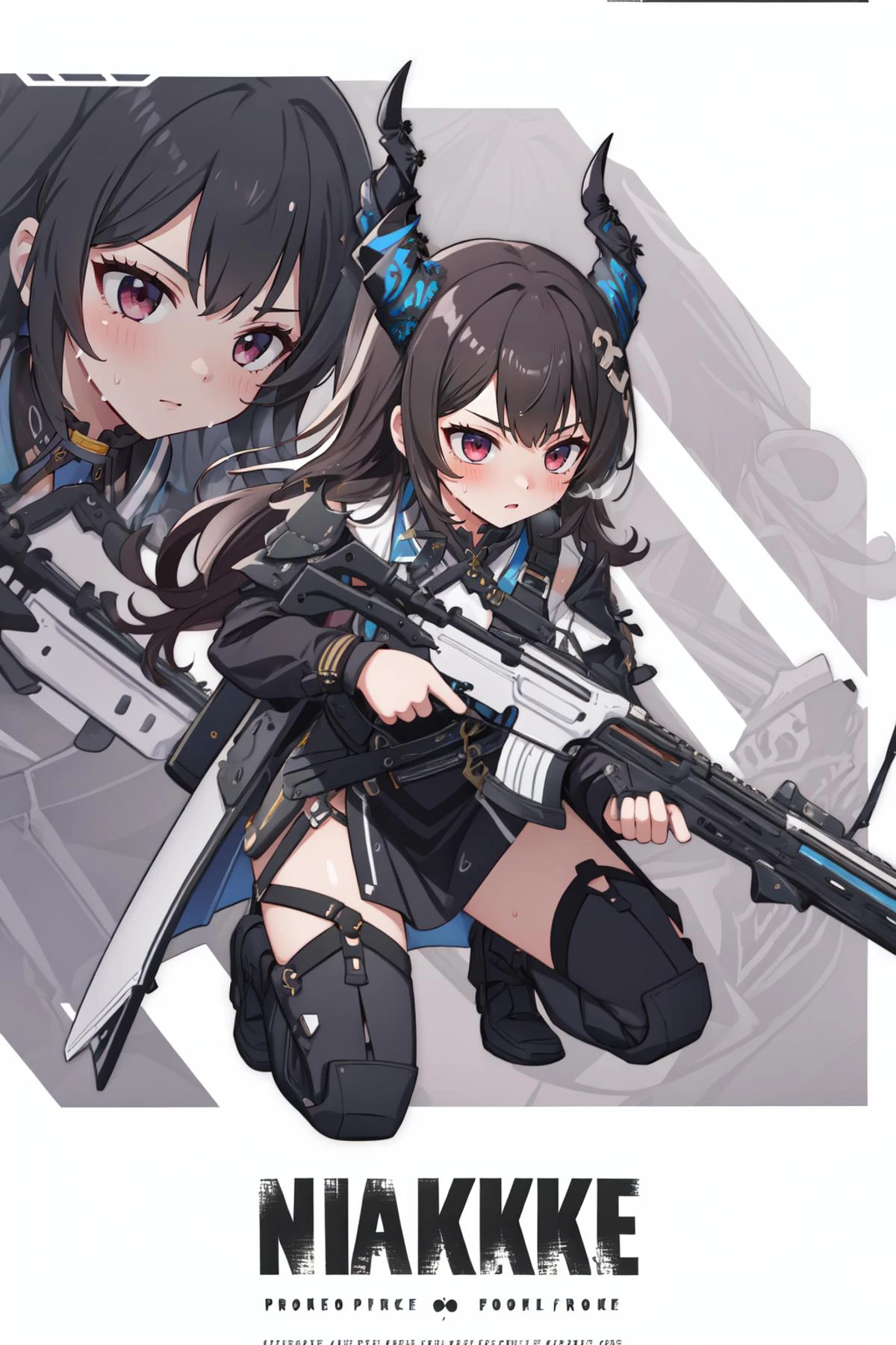 (masterpiece, best quality), intricate details,
1girl, <lora:nerissaravencroft2_Skaadi:0.8> nerissa ravencroft, horns,
sweating, blushing,
<lora:NikkeProfile:0.8> IncrsNikkeProfile, full body, zoom layer, holding weapon, holding gun, one knee