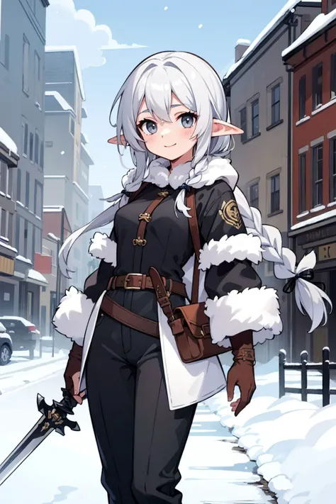 (Masterpiece:1.3), (best quality:1.2), (intricate details:1.1), (detailed background:1.2), 1girl, solo, grey eyes, elf, long hair, silver hair, frizzy hair, hair ribbon, (long braid:1.3), (medium breasts:1.2), confident smile, warrior, fur lining, tanned leather clothing, fur lined pants, rugged clothing, outdoors, winter wilderness, sheathed sword, pouches,