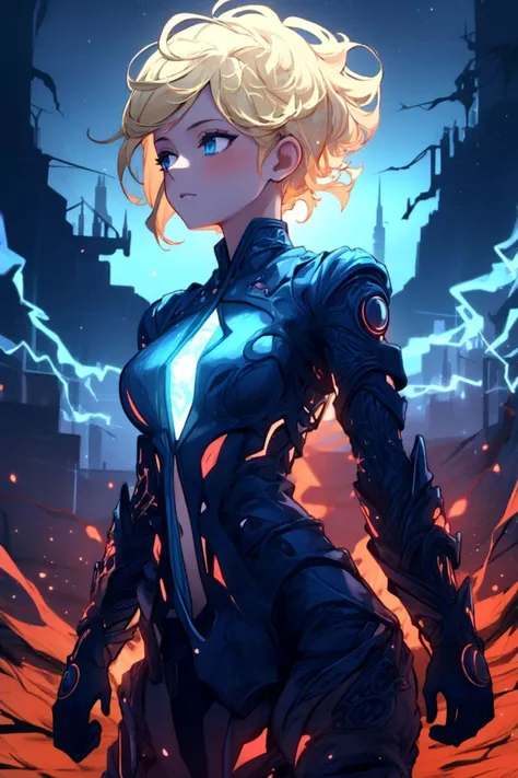(Masterpiece:1.3), (best quality:1.2), (detailed background:1.1), (intricate details:1.1), 1girl, blonde, short hair, (nude:1.2), DonMD3m0nV31ns, (glowing blue lightning veins:1.1), cyberpunk, <lora:DonMD3m0nV31ns_Donmischo:1.0>