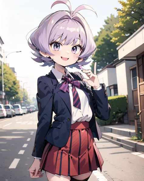 thick thighs,.androgynous,1girl,Najimi,Najimi_KCC,osana najimi \(komi-san wa komyushou desu\),short purple hair,school uniform,ahoge, antenna hair,red and dark blue skirt,(vertical-striped skirt:1.4), itan private high school uniform ,short skirt,miniskirt,jacket,happy,smile,thighhighs, skindentation, vivid colors,beautiful detailed eyes,best quality,absurdres,sharp focus,masterpiece,best quality,
<lora:HerrscherAGGA2023_Najimi_V1:1>