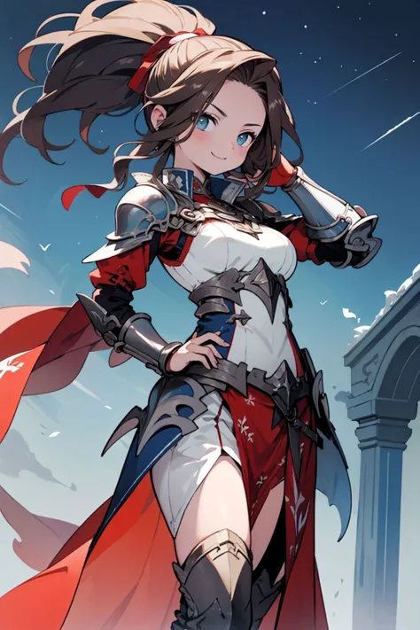 (Masterpiece:1.3), (best quality:1.2), 1girl, long brown hair, ponytail, pendulumwarriorstyle, heroic pose, archway, marble columns, night sky, brave smile, kind eyes, <lora:pendulum-warrior-style-DarkStorm12:1.0>