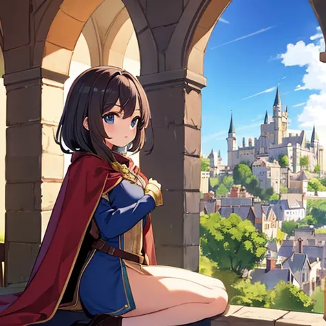 (masterpiece, high detail), nude cute heroin, cape, medieval city, castle, detailed walls, detailed windows, day, yard, surrounded by knights