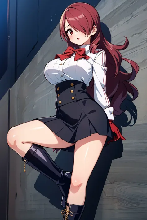 1girl, kirijou_mitsuru, 1girl, solo, long hair, hair over one eye, large breasts, school uniform, bow, shirt, skirt, gekkoukan high school uniform, lipstick, boots, gloves, dark church, black walls, <lora:detail_slider_v4:1.25>, Masterpiece, best quality, detailed background, intricate details, detailed, <lora:Kirijou_Mitsuru-SetsuArts:0.7>