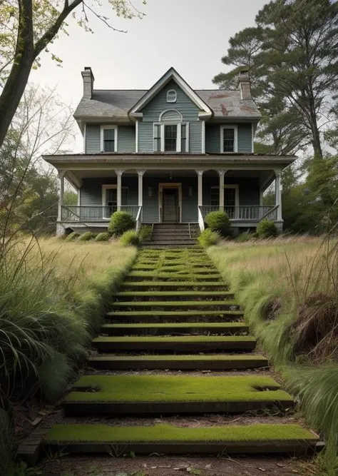 abandoned house, broken planks, moss, broken steps, unkempt yard, tall grass, weeds, terror,night,horror (theme),