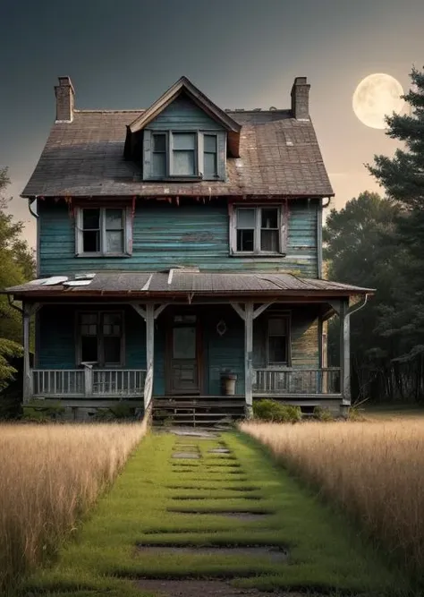 abandoned house, broken planks, moss, broken steps, unkempt yard, tall grass, weeds, terror,night,horror (theme),