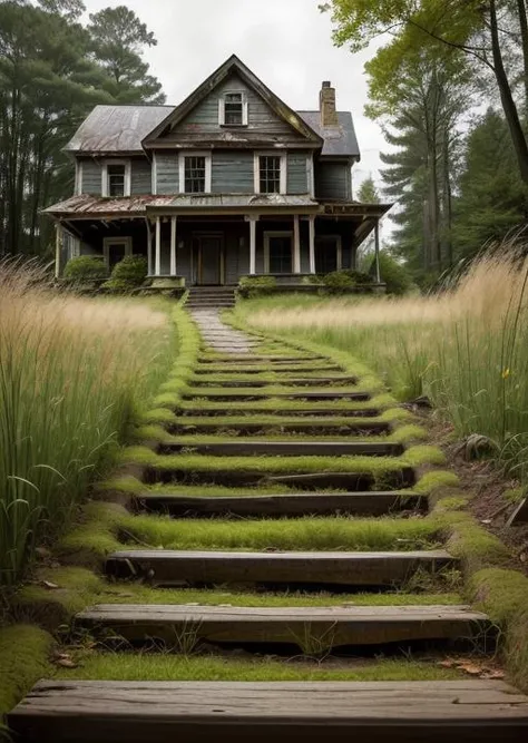 abandoned house, broken planks, moss, broken steps, unkempt yard, tall grass, weeds, terror,night,horror (theme),