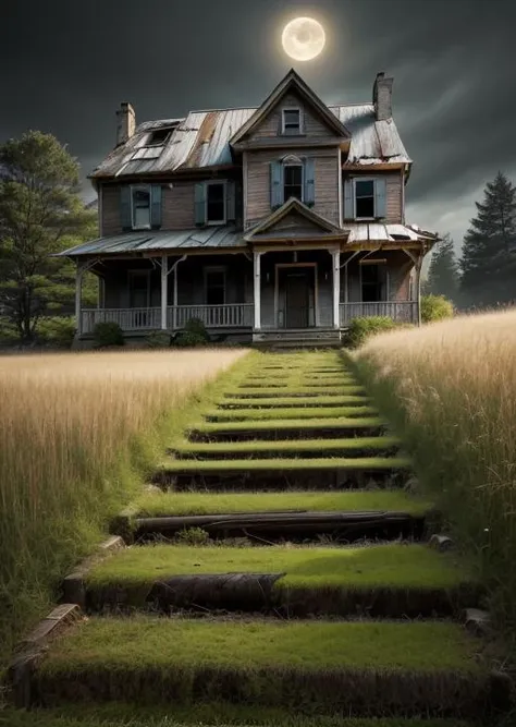 abandoned house, broken planks, moss, broken steps, unkempt yard, tall grass, weeds, terror,night,horror (theme),