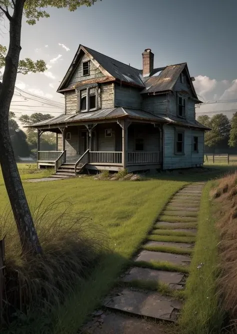 abandoned house, broken planks, moss, broken steps, unkempt yard, tall grass, weeds, terror,night,horror (theme),