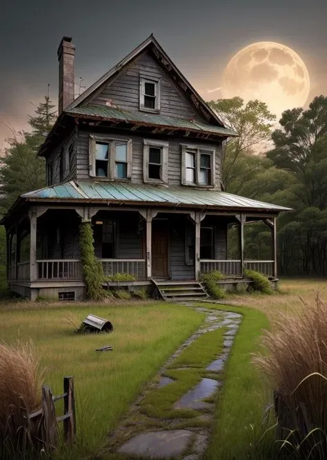 abandoned house, broken planks, moss, broken steps, unkempt yard, tall grass, weeds, terror,night,horror (theme),