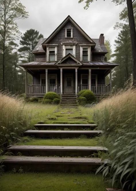 abandoned house, broken planks, moss, broken steps, unkempt yard, tall grass, weeds, terror,night,horror (theme),