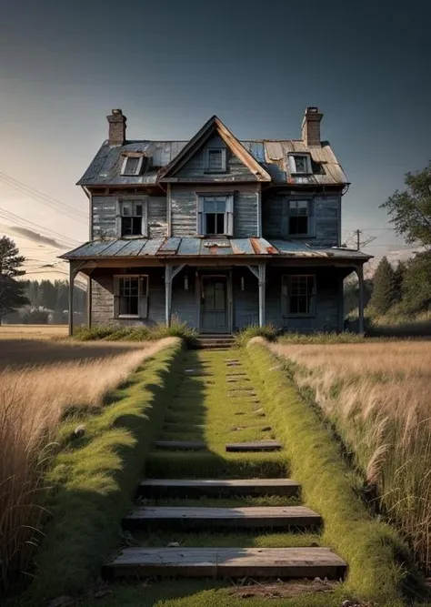 abandoned house, broken planks, moss, broken steps, unkempt yard, tall grass, weeds, terror,night,horror (theme),