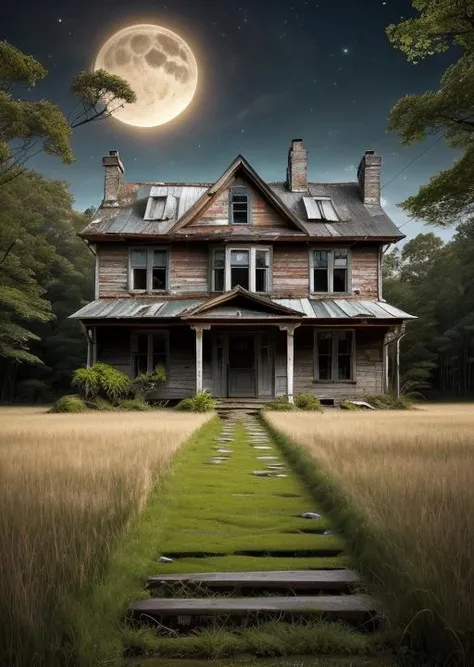 abandoned house, broken planks, moss, broken steps, unkempt yard, tall grass, weeds, terror,night,horror (theme),