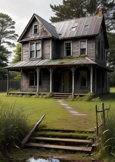 abandoned house, broken planks, moss, broken steps, unkempt yard, tall grass, weeds, terror,night,horror (theme),