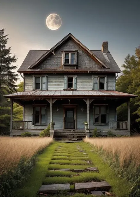 abandoned house, broken planks, moss, broken steps, unkempt yard, tall grass, weeds, terror,night,horror (theme),