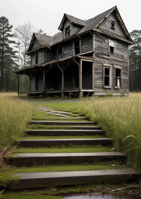 abandoned house, broken planks, moss, broken steps, unkempt yard, tall grass, weeds, terror,night,horror (theme),