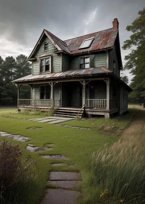 abandoned house, broken planks, moss, broken steps, unkempt yard, tall grass, weeds, terror,night,horror (theme),