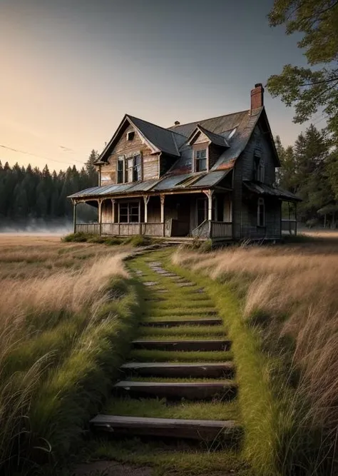 abandoned house, broken planks, moss, broken steps, unkempt yard, tall grass, weeds, terror,night,horror (theme),