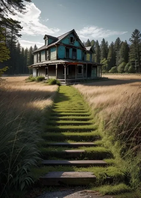 abandoned house, broken planks, moss, broken steps, unkempt yard, tall grass, weeds, terror,night,horror (theme),