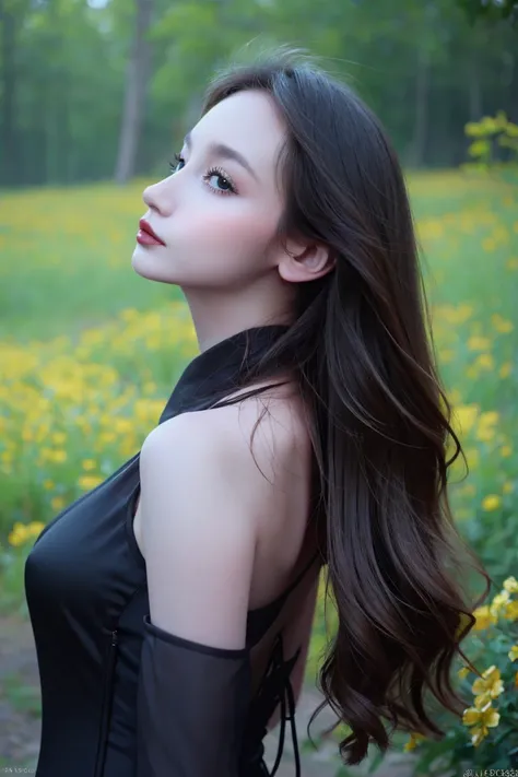 best quality, masterpiece, (photorealistic:1.4), Close up, 1 girl, upper body, Black Dress, Corset, long hair, cute, flowers around, forest background, sweet girl, IDOL, -- Face Details:1.7 -- <lora:xTTx:1> <lora:AnnieAnne-01:1>