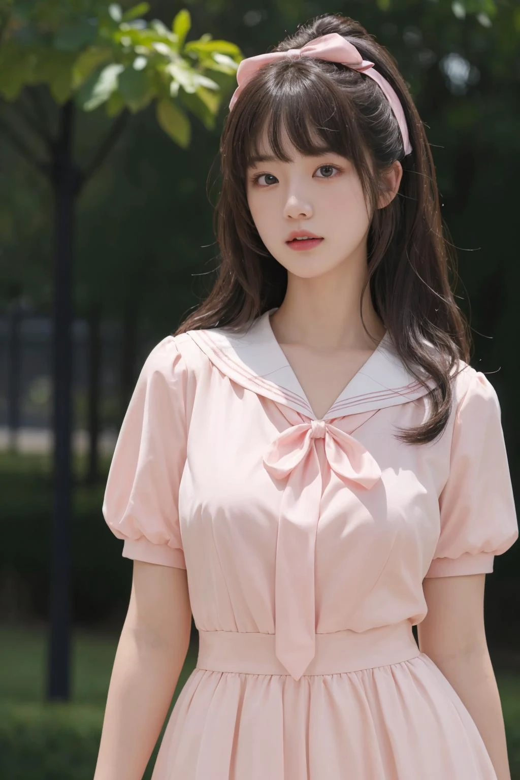 <lora:Twinkle_20240307145552:0.5>, bow, pink dress, short sleeves, sailor collar, best quality, masterpiece, illustration, realistic, photo-realistic, amazing, finely detail, incredibly absurdres, huge filesize, ultra-detailed, highres, extremely detailed CG unity 8k wallpaper, A close-up, high-resolution image of a young Korean female in a scenic school campus setting. She is wearing a pink dress with a deep V-neckline that accentuates her enhanced bust, yet maintains her slender figure. The dress features short sleeves, a sailor collar, and a bow tie. She has fluffy curls and a white, ultra-puffy short skirt. The image should have a play of light and shadow, with a focus on her alluring and dynamic pose, revealing more of her bust. The image should be a closer shot.