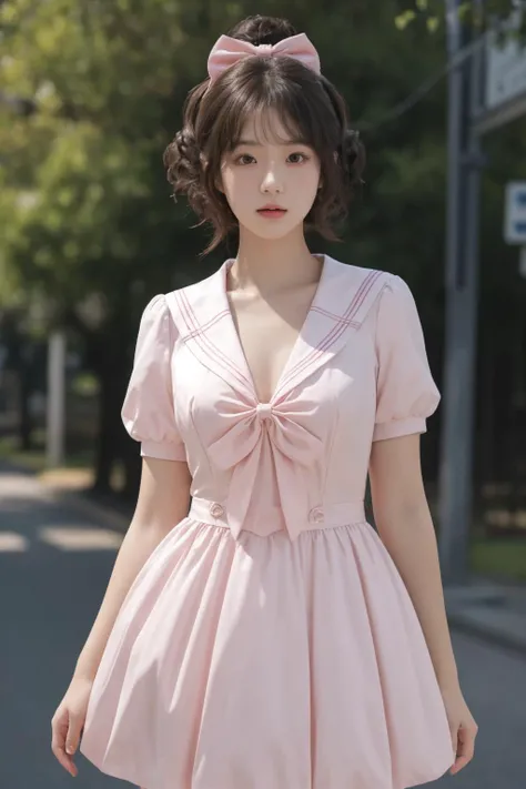 <lora:Twinkle_20240307145552:0.5>, bow, pink dress, short sleeves, sailor collar, best quality, masterpiece, illustration, realistic, photo-realistic, amazing, finely detail, incredibly absurdres, huge filesize, ultra-detailed, highres, extremely detailed CG unity 8k wallpaper, A close-up, high-resolution image of a young Korean female in a scenic school campus setting. She is wearing a pink dress with a deep V-neckline that accentuates her enhanced bust, yet maintains her slender figure. The dress features short sleeves, a sailor collar, and a bow tie. She has fluffy curls and a white, ultra-puffy short skirt. The image should have a play of light and shadow, with a focus on her alluring and dynamic pose, revealing more of her bust. The image should be a closer shot.