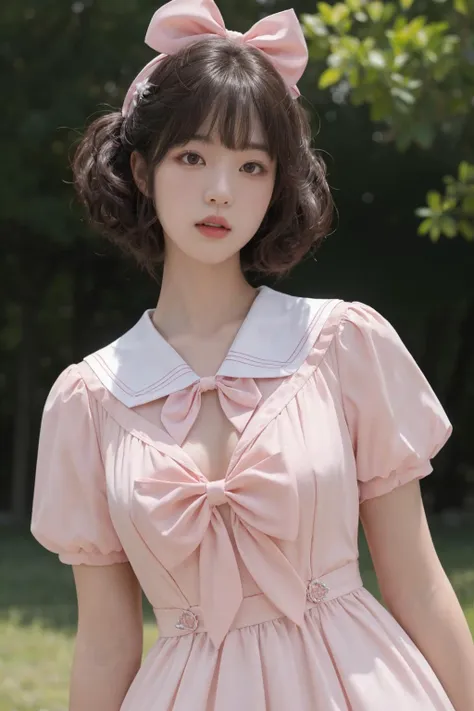 <lora:Twinkle_20240307145552:0.5>, bow, pink dress, short sleeves, sailor collar, best quality, masterpiece, illustration, realistic, photo-realistic, amazing, finely detail, incredibly absurdres, huge filesize, ultra-detailed, highres, extremely detailed CG unity 8k wallpaper, A close-up, high-resolution image of a young Korean female in a scenic school campus setting. She is wearing a pink dress with a deep V-neckline that accentuates her enhanced bust, yet maintains her slender figure. The dress features short sleeves, a sailor collar, and a bow tie. She has fluffy curls and a white, ultra-puffy short skirt. The image should have a play of light and shadow, with a focus on her alluring and dynamic pose, revealing more of her bust. The image should be a closer shot.