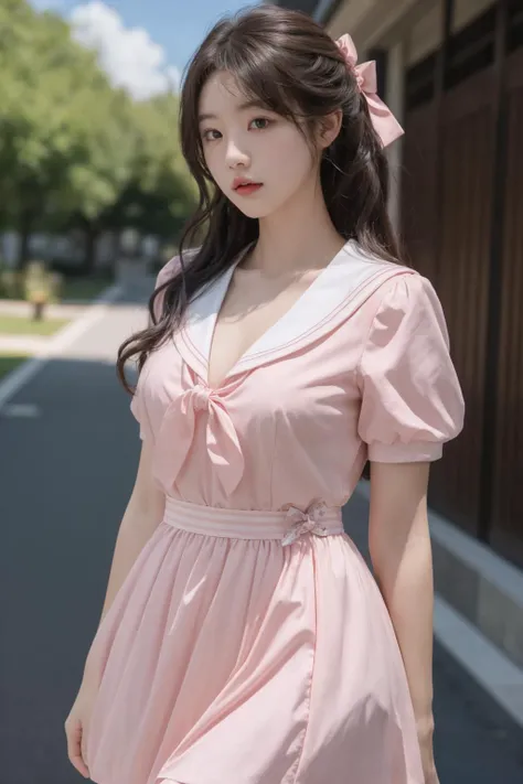 <lora:Twinkle_20240307145552:0.5>, bow, pink dress, short sleeves, sailor collar, best quality, masterpiece, illustration, realistic, photo-realistic, amazing, finely detail, incredibly absurdres, huge filesize, ultra-detailed, highres, extremely detailed CG unity 8k wallpaper, A close-up, high-resolution image of a young Korean female in a scenic school campus setting. She is wearing a pink dress with a deep V-neckline that accentuates her enhanced bust, yet maintains her slender figure. The dress features short sleeves, a sailor collar, and a bow tie. She has fluffy curls and a white, ultra-puffy short skirt. The image should have a play of light and shadow, with a focus on her alluring and dynamic pose, revealing more of her bust. The image should be a closer shot.