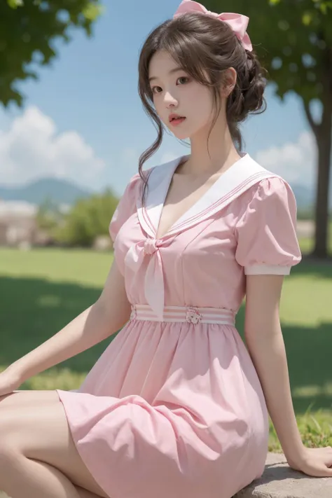 <lora:Twinkle_20240307145552:0.5>, bow, pink dress, short sleeves, sailor collar, best quality, masterpiece, illustration, realistic, photo-realistic, amazing, finely detail, incredibly absurdres, huge filesize, ultra-detailed, highres, extremely detailed CG unity 8k wallpaper, A close-up, high-resolution image of a young Korean female in a scenic school campus setting. She is wearing a pink dress with a deep V-neckline that accentuates her enhanced bust, yet maintains her slender figure. The dress features short sleeves, a sailor collar, and a bow tie. She has fluffy curls and a white, ultra-puffy short skirt. The image should have a play of light and shadow, with a focus on her alluring and dynamic pose, revealing more of her bust. The image should be a closer shot.