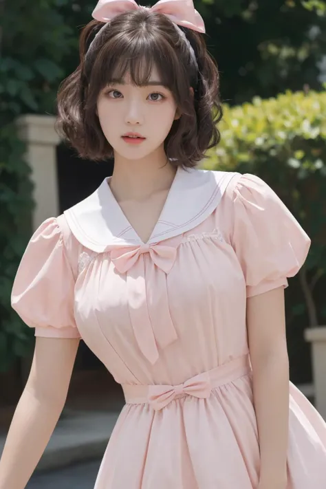 <lora:Twinkle_20240307145552:0.5>, bow, pink dress, short sleeves, sailor collar, best quality, masterpiece, illustration, realistic, photo-realistic, amazing, finely detail, incredibly absurdres, huge filesize, ultra-detailed, highres, extremely detailed CG unity 8k wallpaper, A close-up, high-resolution image of a young Korean female in a scenic school campus setting. She is wearing a pink dress with a deep V-neckline that accentuates her enhanced bust, yet maintains her slender figure. The dress features short sleeves, a sailor collar, and a bow tie. She has fluffy curls and a white, ultra-puffy short skirt. The image should have a play of light and shadow, with a focus on her alluring and dynamic pose, revealing more of her bust. The image should be a closer shot.