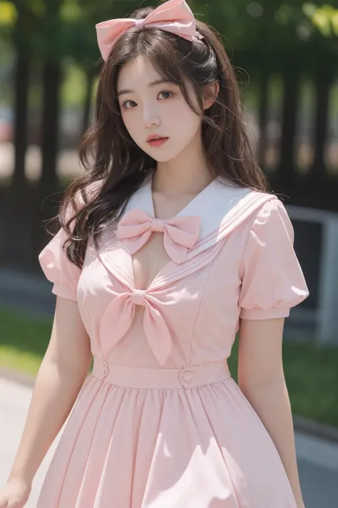 <lora:Twinkle_20240307145552:0.5>, bow, pink dress, short sleeves, sailor collar, best quality, masterpiece, illustration, realistic, photo-realistic, amazing, finely detail, incredibly absurdres, huge filesize, ultra-detailed, highres, extremely detailed CG unity 8k wallpaper, A close-up, high-resolution image of a young Korean female in a scenic school campus setting. She is wearing a pink dress with a deep V-neckline that accentuates her enhanced bust, yet maintains her slender figure. The dress features short sleeves, a sailor collar, and a bow tie. She has fluffy curls and a white, ultra-puffy short skirt. The image should have a play of light and shadow, with a focus on her alluring and dynamic pose, revealing more of her bust. The image should be a closer shot.