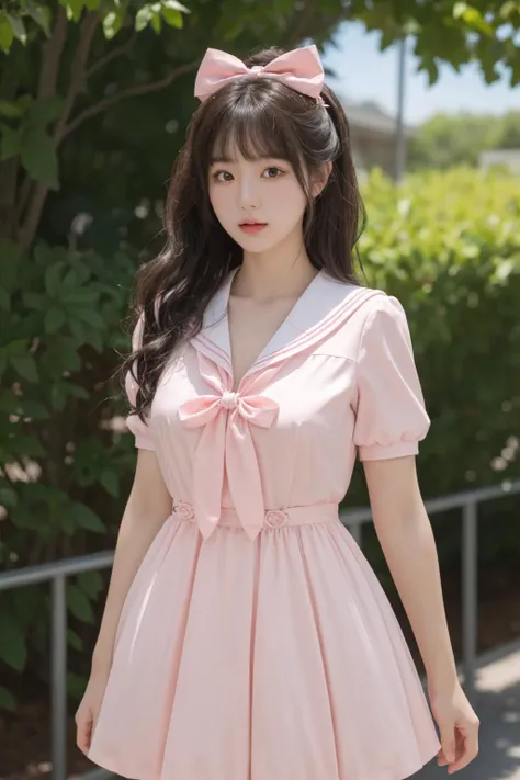 <lora:Twinkle_20240307145552:0.5>, bow, pink dress, short sleeves, sailor collar, best quality, masterpiece, illustration, realistic, photo-realistic, amazing, finely detail, incredibly absurdres, huge filesize, ultra-detailed, highres, extremely detailed CG unity 8k wallpaper, A close-up, high-resolution image of a young Korean female in a scenic school campus setting. She is wearing a pink dress with a deep V-neckline that accentuates her enhanced bust, yet maintains her slender figure. The dress features short sleeves, a sailor collar, and a bow tie. She has fluffy curls and a white, ultra-puffy short skirt. The image should have a play of light and shadow, with a focus on her alluring and dynamic pose, revealing more of her bust. The image should be a closer shot.