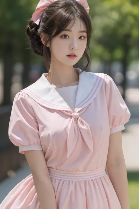 <lora:Twinkle_20240307145552:0.5>, bow, pink dress, short sleeves, sailor collar, best quality, masterpiece, illustration, realistic, photo-realistic, amazing, finely detail, incredibly absurdres, huge filesize, ultra-detailed, highres, extremely detailed CG unity 8k wallpaper, A close-up, high-resolution image of a young Korean female in a scenic school campus setting. She is wearing a pink dress with a deep V-neckline that accentuates her enhanced bust, yet maintains her slender figure. The dress features short sleeves, a sailor collar, and a bow tie. She has fluffy curls and a white, ultra-puffy short skirt. The image should have a play of light and shadow, with a focus on her alluring and dynamic pose, revealing more of her bust. The image should be a closer shot.