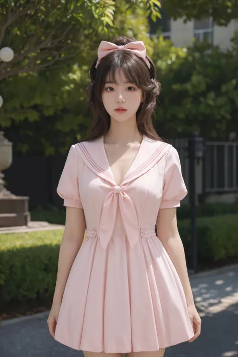 <lora:Twinkle_20240307145552:0.5>, bow, pink dress, short sleeves, sailor collar, best quality, masterpiece, illustration, realistic, photo-realistic, amazing, finely detail, incredibly absurdres, huge filesize, ultra-detailed, highres, extremely detailed CG unity 8k wallpaper, A close-up, high-resolution image of a young Korean female in a scenic school campus setting. She is wearing a pink dress with a deep V-neckline that accentuates her enhanced bust, yet maintains her slender figure. The dress features short sleeves, a sailor collar, and a bow tie. She has fluffy curls and a white, ultra-puffy short skirt. The image should have a play of light and shadow, with a focus on her alluring and dynamic pose, revealing more of her bust. The image should be a closer shot.