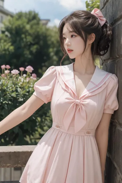 <lora:Twinkle_20240307145552:0.5>, bow, pink dress, short sleeves, sailor collar, best quality, masterpiece, illustration, realistic, photo-realistic, amazing, finely detail, incredibly absurdres, huge filesize, ultra-detailed, highres, extremely detailed CG unity 8k wallpaper, A close-up, high-resolution image of a young Korean female in a scenic school campus setting. She is wearing a pink dress with a deep V-neckline that accentuates her enhanced bust, yet maintains her slender figure. The dress features short sleeves, a sailor collar, and a bow tie. She has fluffy curls and a white, ultra-puffy short skirt. The image should have a play of light and shadow, with a focus on her alluring and dynamic pose, revealing more of her bust. The image should be a closer shot.