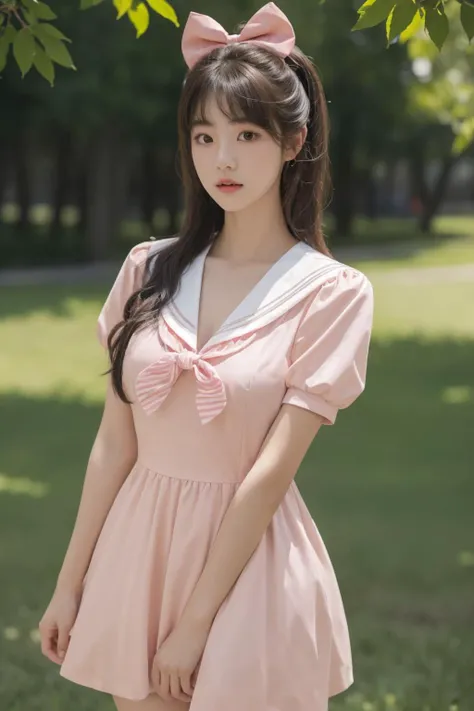 <lora:Twinkle_20240307145552:0.5>, bow, pink dress, short sleeves, sailor collar, best quality, masterpiece, illustration, realistic, photo-realistic, amazing, finely detail, incredibly absurdres, huge filesize, ultra-detailed, highres, extremely detailed CG unity 8k wallpaper, A close-up, high-resolution image of a young Korean female in a scenic school campus setting. She is wearing a pink dress with a deep V-neckline that accentuates her enhanced bust, yet maintains her slender figure. The dress features short sleeves, a sailor collar, and a bow tie. She has fluffy curls and a white, ultra-puffy short skirt. The image should have a play of light and shadow, with a focus on her alluring and dynamic pose, revealing more of her bust. The image should be a closer shot.