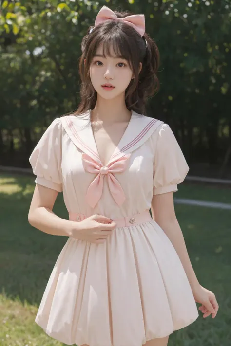 <lora:Twinkle_20240307145552:0.5>, bow, pink dress, short sleeves, sailor collar, best quality, masterpiece, illustration, realistic, photo-realistic, amazing, finely detail, incredibly absurdres, huge filesize, ultra-detailed, highres, extremely detailed CG unity 8k wallpaper, A close-up, high-resolution image of a young Korean female in a scenic school campus setting. She is wearing a pink dress with a deep V-neckline that accentuates her enhanced bust, yet maintains her slender figure. The dress features short sleeves, a sailor collar, and a bow tie. She has fluffy curls and a white, ultra-puffy short skirt. The image should have a play of light and shadow, with a focus on her alluring and dynamic pose, revealing more of her bust. The image should be a closer shot.