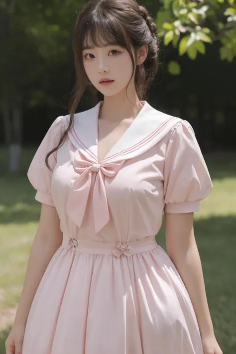 <lora:Twinkle_20240307145552:0.5>, bow, pink dress, short sleeves, sailor collar, best quality, masterpiece, illustration, realistic, photo-realistic, amazing, finely detail, incredibly absurdres, huge filesize, ultra-detailed, highres, extremely detailed CG unity 8k wallpaper, A close-up, high-resolution image of a young Korean female in a scenic school campus setting. She is wearing a pink dress with a deep V-neckline that accentuates her enhanced bust, yet maintains her slender figure. The dress features short sleeves, a sailor collar, and a bow tie. She has fluffy curls and a white, ultra-puffy short skirt. The image should have a play of light and shadow, with a focus on her alluring and dynamic pose, revealing more of her bust. The image should be a closer shot.