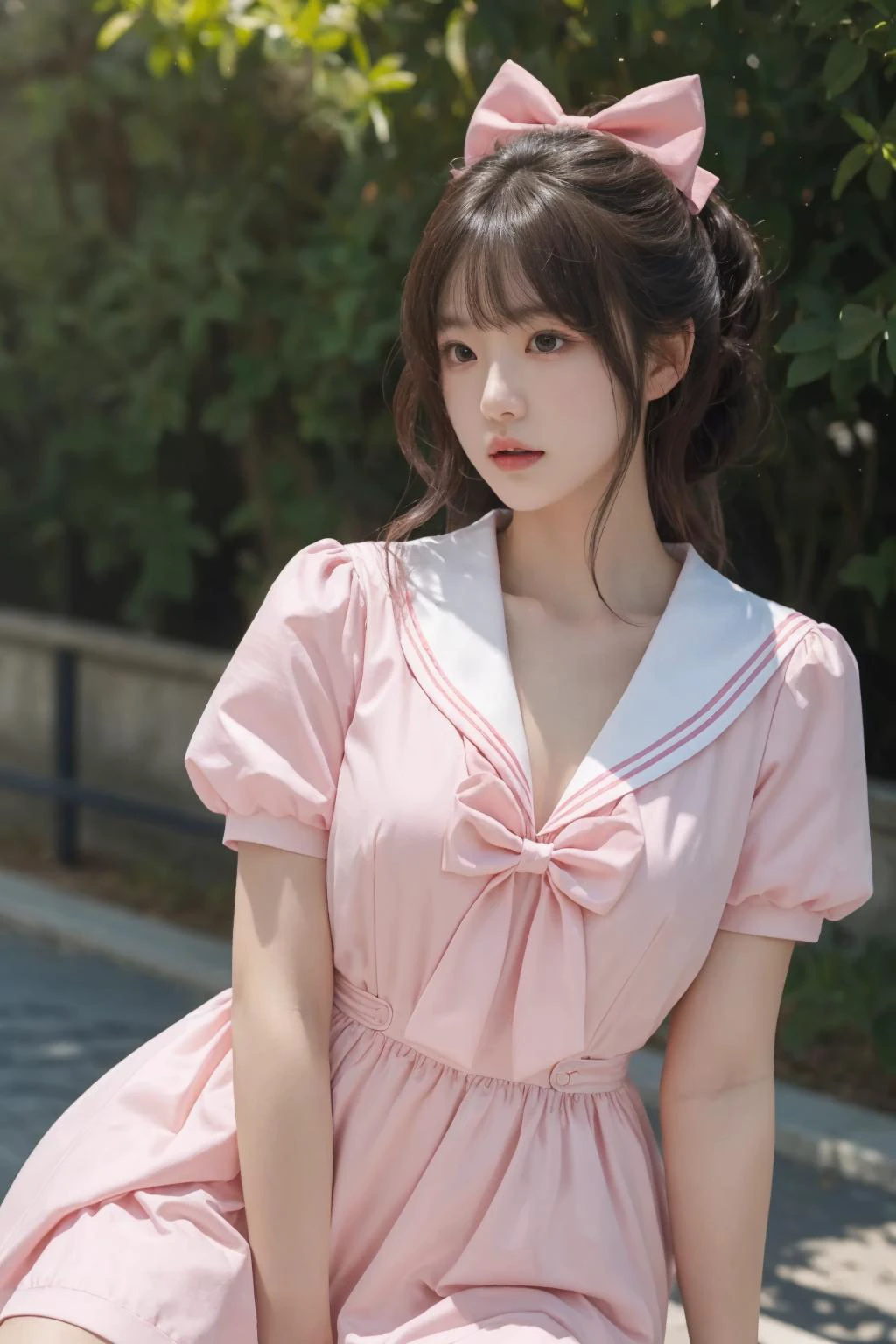 <lora:Twinkle_20240307145552:0.5>, bow, pink dress, short sleeves, sailor collar, best quality, masterpiece, illustration, realistic, photo-realistic, amazing, finely detail, incredibly absurdres, huge filesize, ultra-detailed, highres, extremely detailed CG unity 8k wallpaper, A close-up, high-resolution image of a young Korean female in a scenic school campus setting. She is wearing a pink dress with a deep V-neckline that accentuates her enhanced bust, yet maintains her slender figure. The dress features short sleeves, a sailor collar, and a bow tie. She has fluffy curls and a white, ultra-puffy short skirt. The image should have a play of light and shadow, with a focus on her alluring and dynamic pose, revealing more of her bust. The image should be a closer shot.