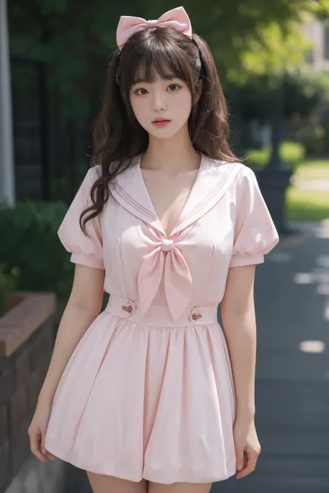 <lora:Twinkle_20240307145552:0.5>, bow, pink dress, short sleeves, sailor collar, best quality, masterpiece, illustration, realistic, photo-realistic, amazing, finely detail, incredibly absurdres, huge filesize, ultra-detailed, highres, extremely detailed CG unity 8k wallpaper, A close-up, high-resolution image of a young Korean female in a scenic school campus setting. She is wearing a pink dress with a deep V-neckline that accentuates her enhanced bust, yet maintains her slender figure. The dress features short sleeves, a sailor collar, and a bow tie. She has fluffy curls and a white, ultra-puffy short skirt. The image should have a play of light and shadow, with a focus on her alluring and dynamic pose, revealing more of her bust. The image should be a closer shot.