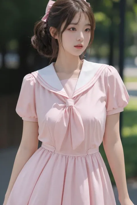 <lora:Twinkle_20240307145552:0.5>, bow, pink dress, short sleeves, sailor collar, best quality, masterpiece, illustration, realistic, photo-realistic, amazing, finely detail, incredibly absurdres, huge filesize, ultra-detailed, highres, extremely detailed CG unity 8k wallpaper, A close-up, high-resolution image of a young Korean female in a scenic school campus setting. She is wearing a pink dress with a deep V-neckline that accentuates her enhanced bust, yet maintains her slender figure. The dress features short sleeves, a sailor collar, and a bow tie. She has fluffy curls and a white, ultra-puffy short skirt. The image should have a play of light and shadow, with a focus on her alluring and dynamic pose, revealing more of her bust. The image should be a closer shot.